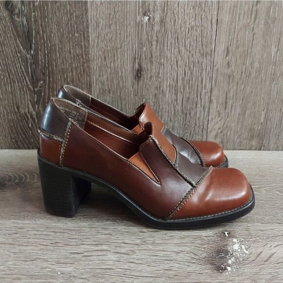 Vintage 90s Predictions Brown Patchwork Chunky Heel Square Toe Pump Size 6 - Picture 1 of 9